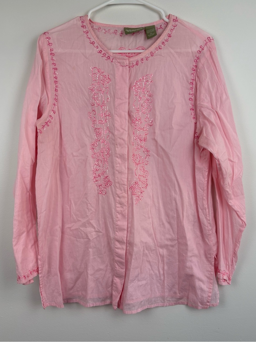 90s Bill Blass Pink Embroidered 100% Cotton Long-Sleeve Blouse XL Boho Cottage